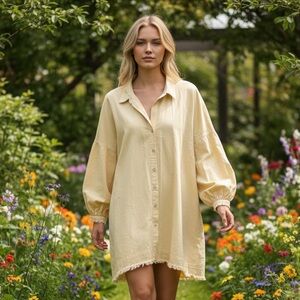 We The Free People Butter Yellow Shirt Dress Medium Oversized Balloon Sleeves
